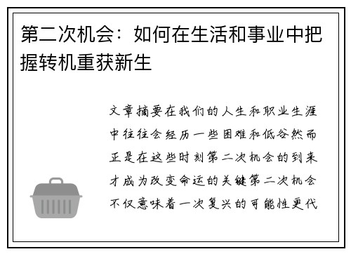 第二次机会：如何在生活和事业中把握转机重获新生
